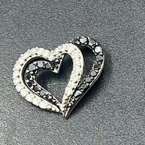 NDI Signed 14K White‎ Gold Double Open Heart Black White Diamond Pendant Gift